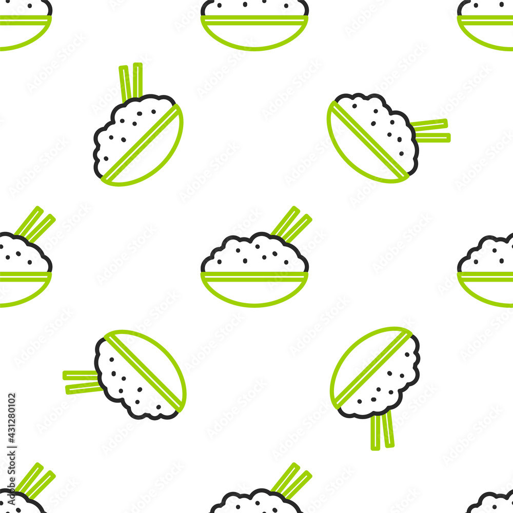 Line Rice in a bowl with chopstick icon isolated seamless pattern on white background. Traditional A