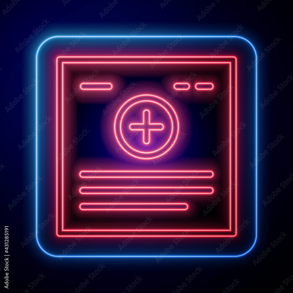 Glowing neon Medical clipboard with clinical record icon isolated on blue background. Health insuran
