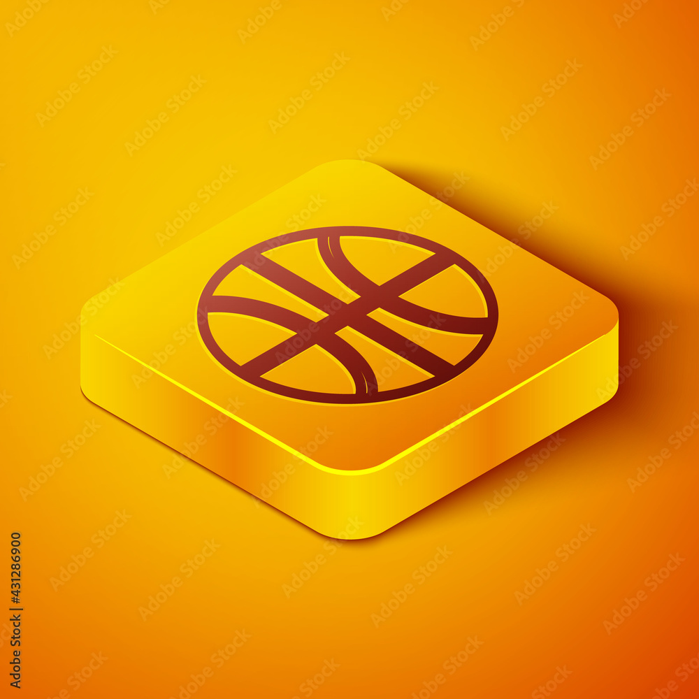等距线篮球图标隔离在橙色背景上。运动符号。黄色方形屁股
