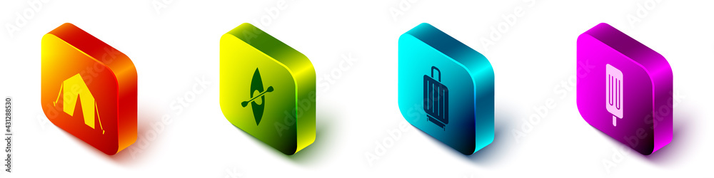 Set Isometric Tourist tent, Kayak or canoe and paddle, Suitcase and Ice cream icon. Vector