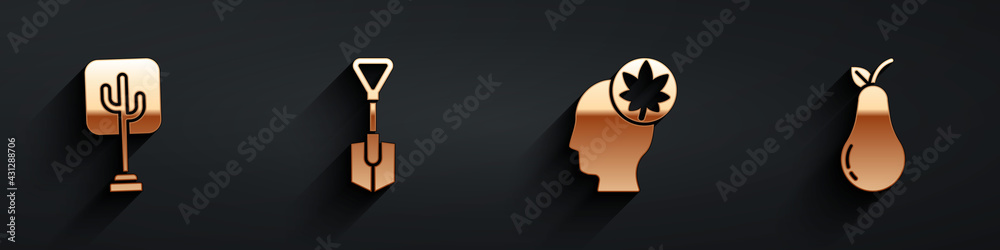 Set Tree, Shovel, Human head with leaf and Pear icon with long shadow. Vector
