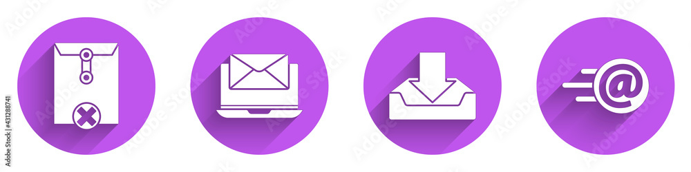 设置删除信封、带信封的笔记本电脑、下载收件箱以及带有长阴影的邮件和电子邮件图标。