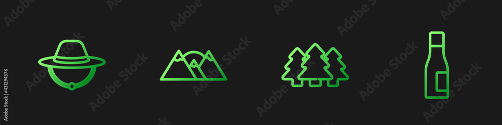 设置线森林，露营帽，山脉和水瓶。渐变色图标。矢量