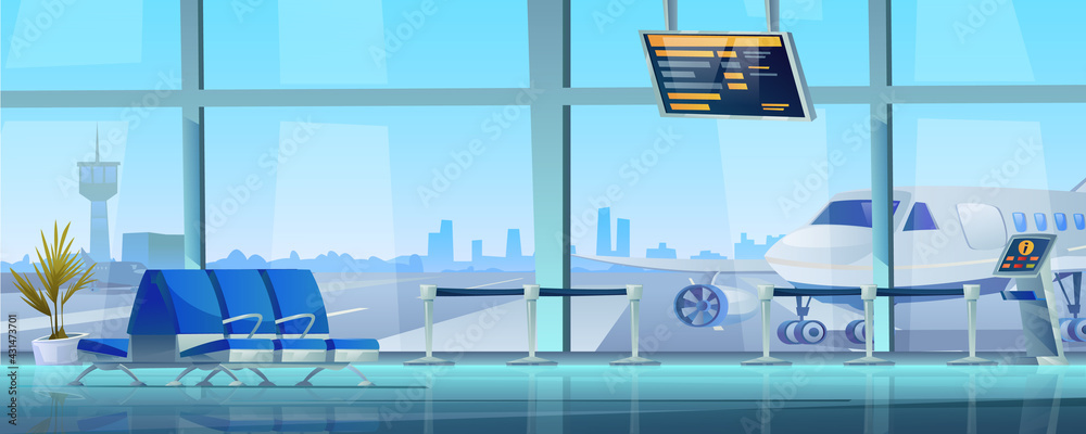 机场航站楼候机室内部，空排座位，w外的飞机和控制塔