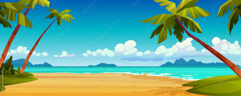 卡通夏日海滩，海洋或海滨，黄沙、棕榈和蓝色宁静海水的天堂。V