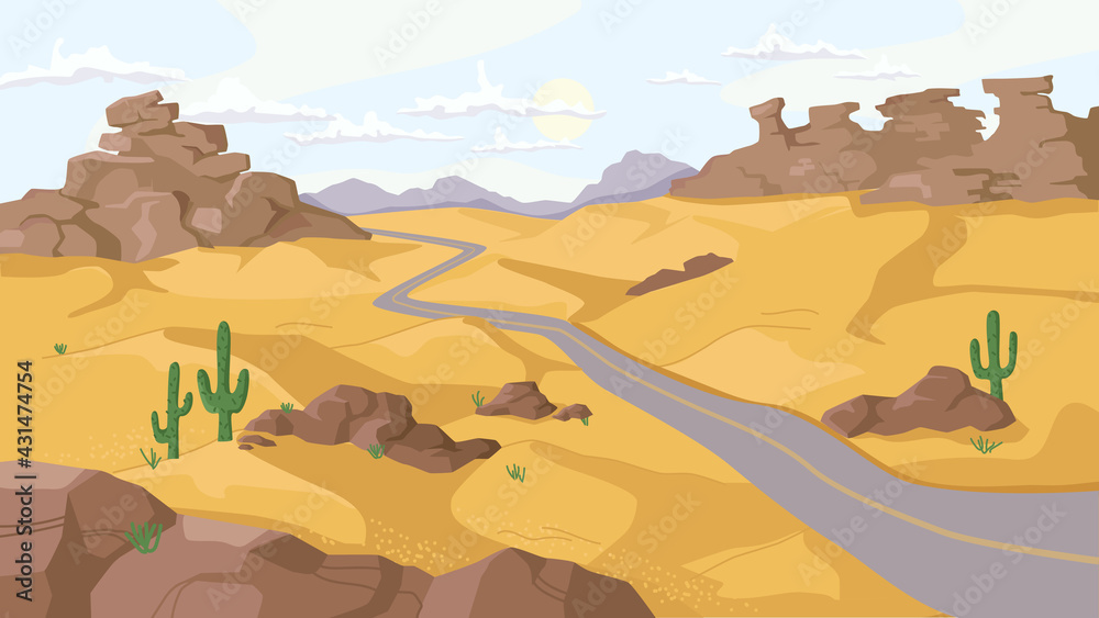 Desert with rocky mountains and hills of sand, growing cactus plants along path, flat cartoon design