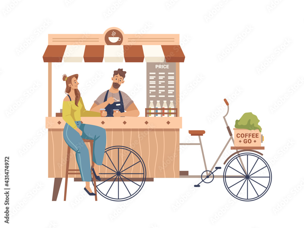 Client drinking, barista making coffee in mobile bike kiosk isolated small takeout takeaway shop. Ve