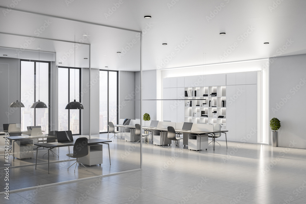 现代宽敞的共享办公厅，室内设计时尚，墙壁轻盈，地板光滑，巨大