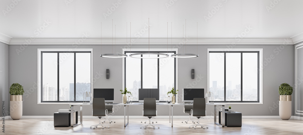 现代开放空间办公室的正面视图，带有时尚的装饰元素、黑色家具、p上的花盆
