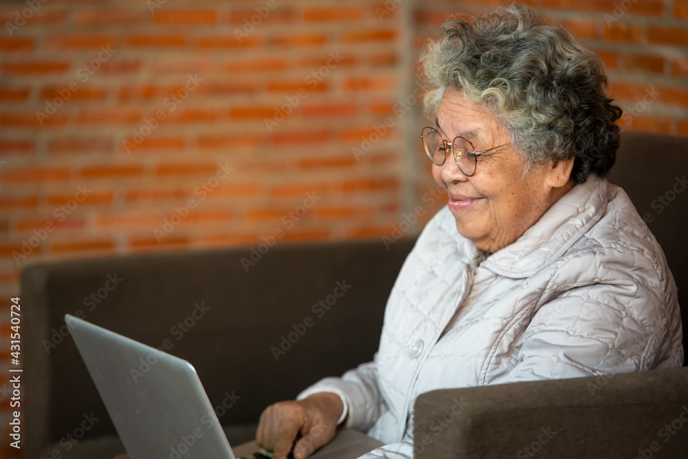 微笑的老年女性在笔记本电脑上视频通话时向镜头挥手，快乐的老年女性坐在沙发上
