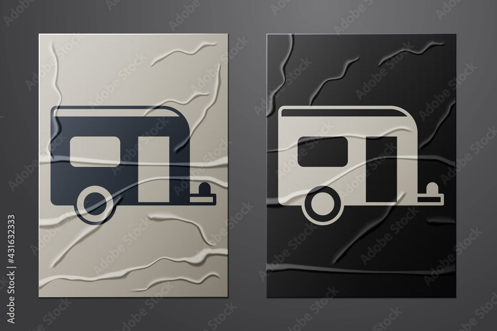 White Rv Camping trailer icon isolated on crumpled paper background. Travel mobile home, caravan, ho