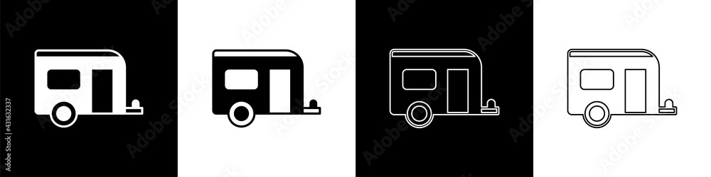 Set Rv Camping trailer icon isolated on black and white background. Travel mobile home, caravan, hom