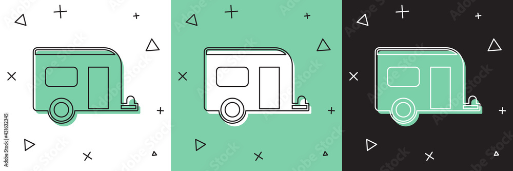 将Rv露营拖车图标隔离在白色和绿色、黑色背景上。房车旅行
