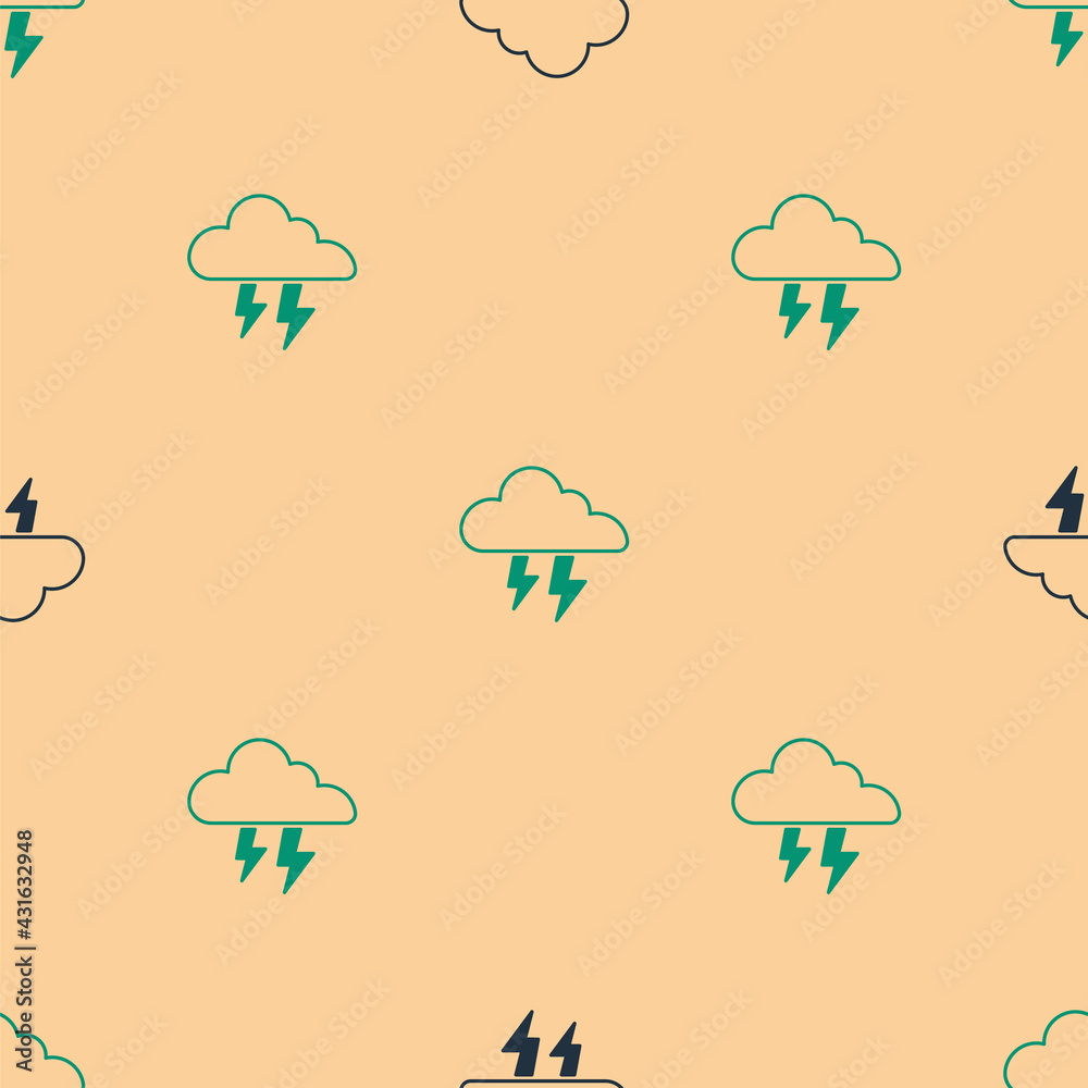 米色背景上的绿色和黑色风暴图标隔离无缝图案。云和闪电标志。
