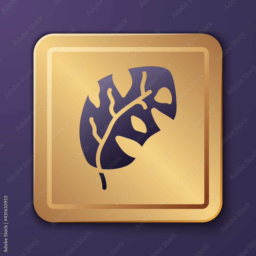 Purple Tropical leaves of palm tree icon isolated on purple background. Gold square button. Vector