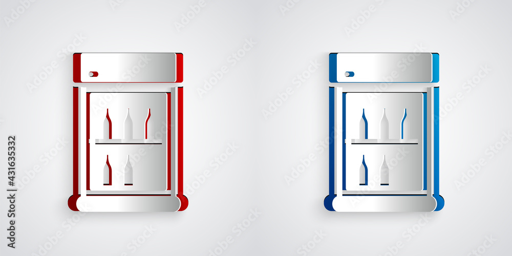Paper cut Commercial refrigerator to store drinks icon isolated on grey background. Perishables for 