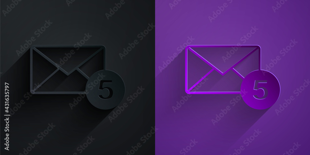 紫色背景下黑色隔离的剪纸信封图标。收到消息概念。新，电子邮件