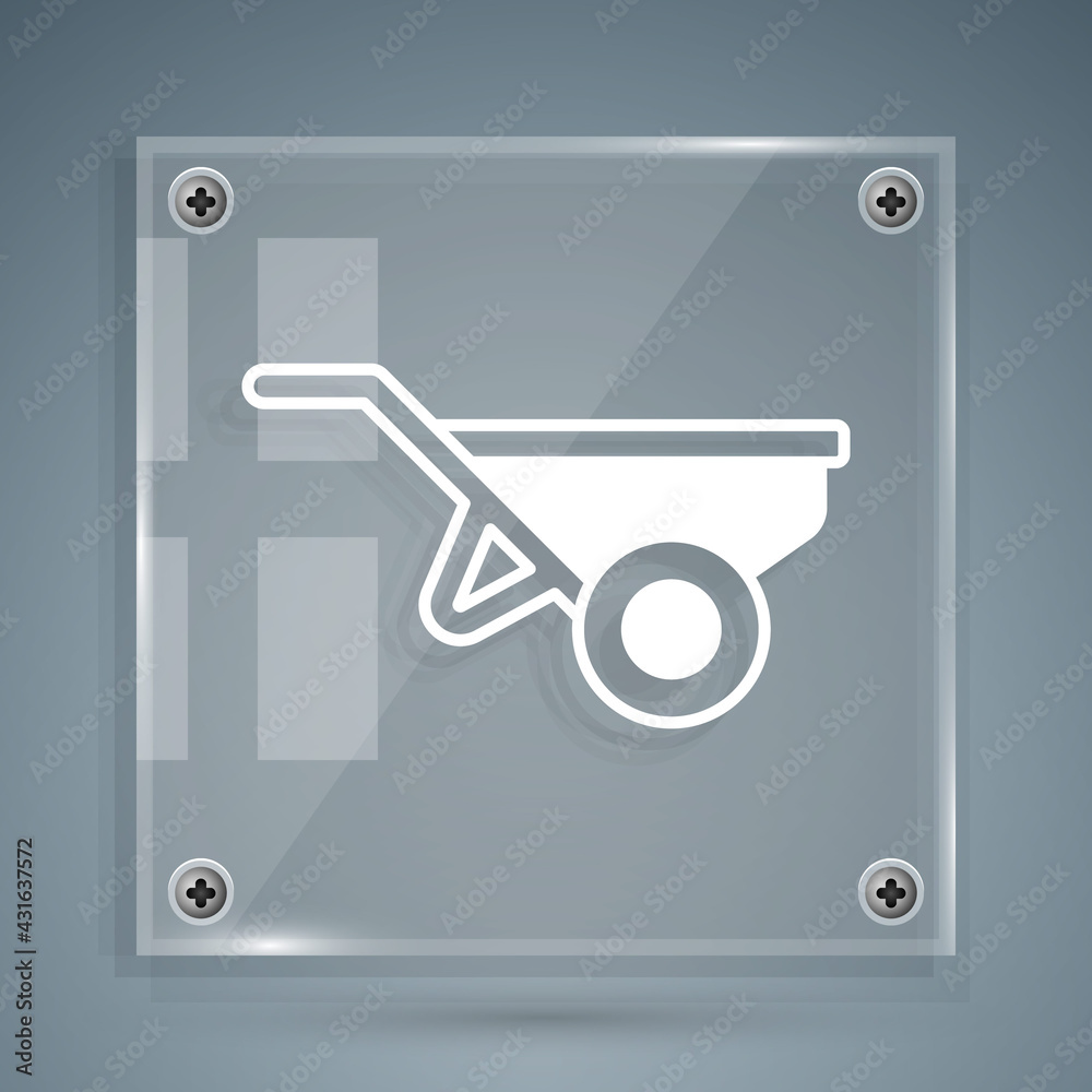 White Wheelbarrow with dirt icon isolated on grey background. Tool equipment. Agriculture cart wheel