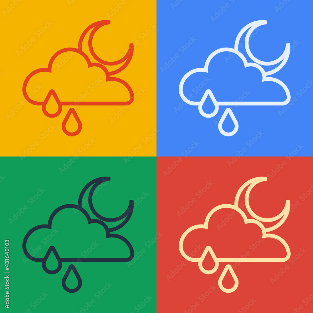 流行艺术线云与雨和月亮图标隔离在彩色背景上。雨云降水wi