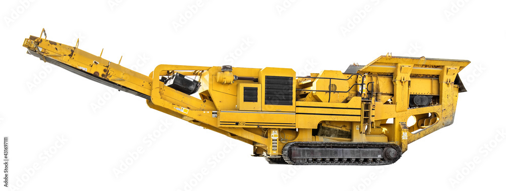 Gravel quarry conveyor and sorting machine isolated on white background, side view