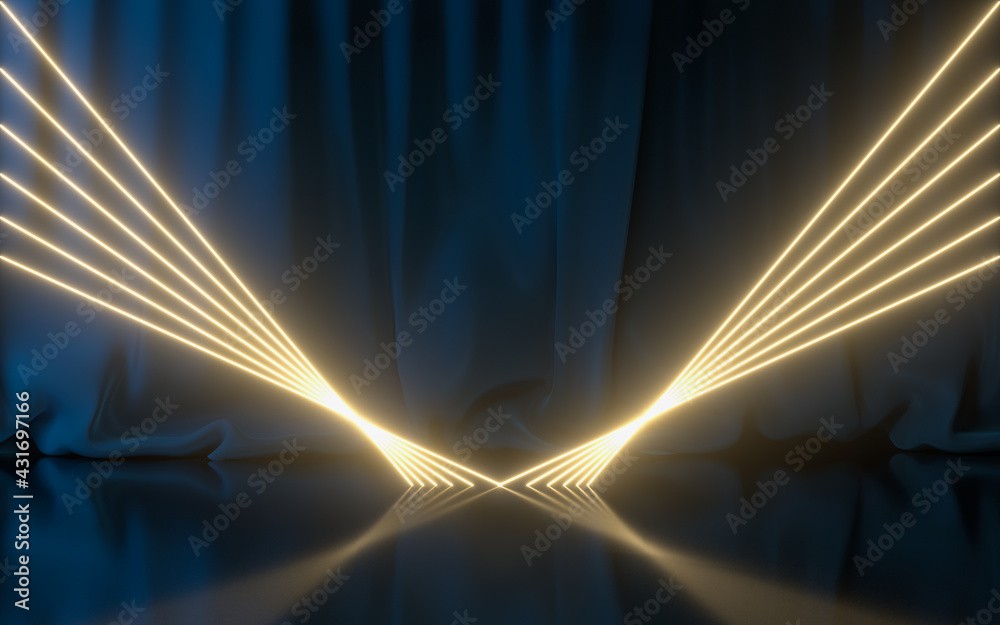 Empty stage with glowing neon lines, 3d rendering.