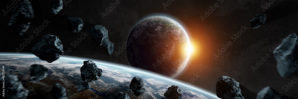 太空行星全景背景。系外行星3D渲染的遥远太阳系全景