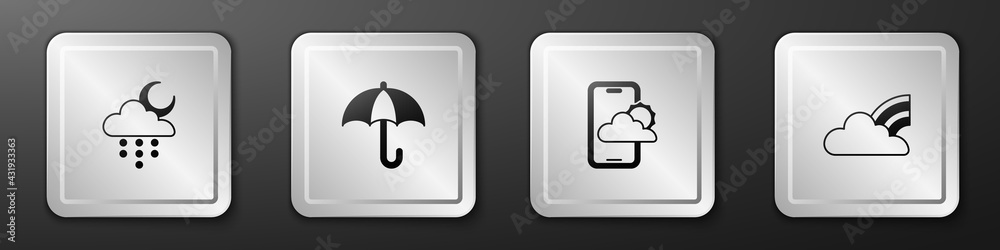 Set Cloud with rain and moon, Umbrella, Weather forecast and Rainbow clouds icon. Silver square butt
