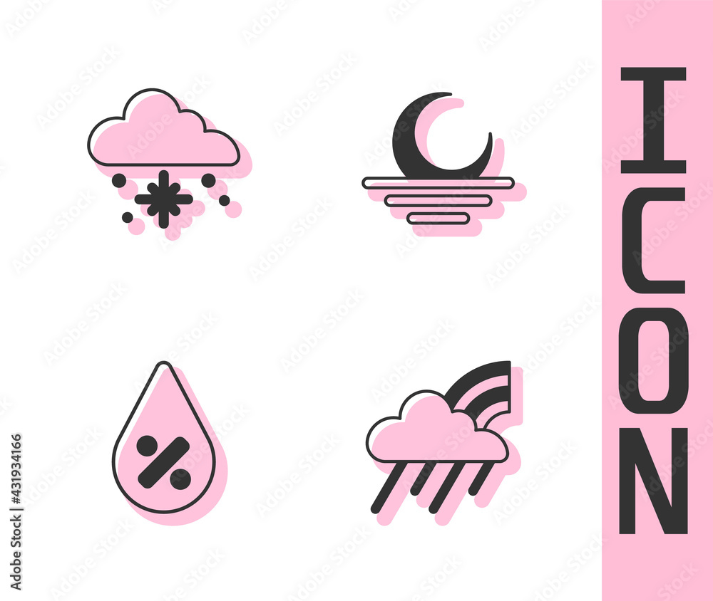Set Rainbow with cloud and rain, Cloud snow, Water drop percentage and Sunset icon. Vector