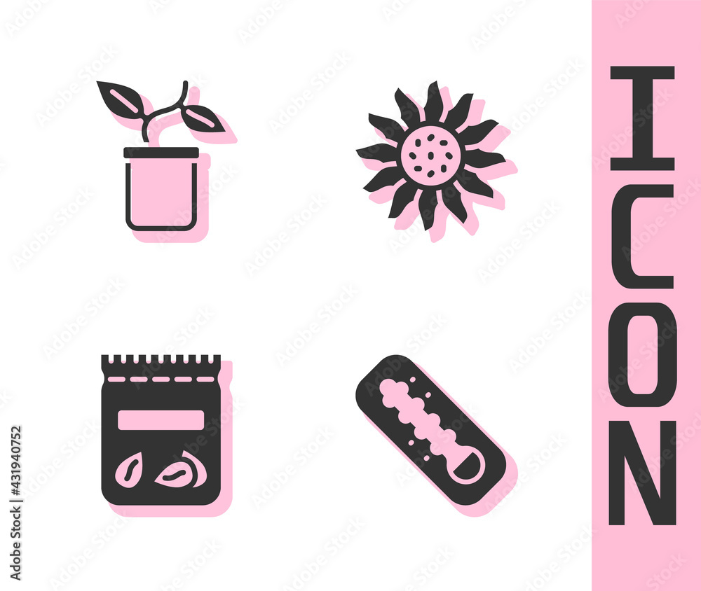 Set Meteorology thermometer, Plant in pot, Pack full of seeds of plant and Flower icon. Vector