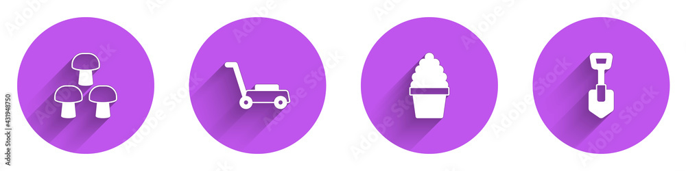Set Mushroom, Lawn mower, Cactus peyote in pot and Shovel icon with long shadow. Vector