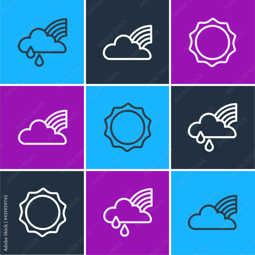 Set line Rainbow with cloud and rain, Sun and clouds icon. Vector