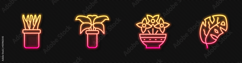 Set line Flower in vase, Plant pot, Exotic tropical plant and Tropical leaves. Glowing neon icon. Ve