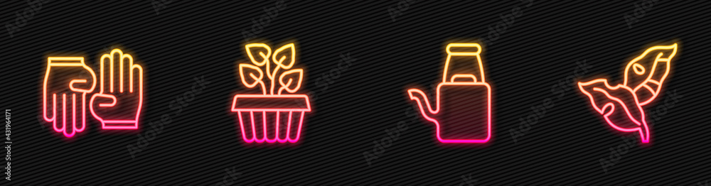Set line Watering can, Rubber gloves, Indoor plant ivy pot and Tropical leaves. Glowing neon icon. V
