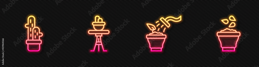 Set line Spraying plant, Cactus peyote pot, Plant on table and Seeds bowl. Glowing neon icon. Vector
