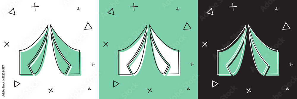 将旅游帐篷图标隔离在白色和绿色、黑色背景上。露营符号。矢量