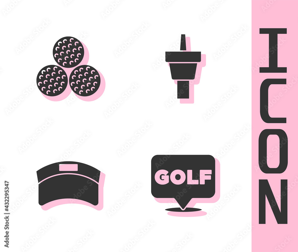 设置高尔夫标签、球、遮阳帽和发球图标。矢量