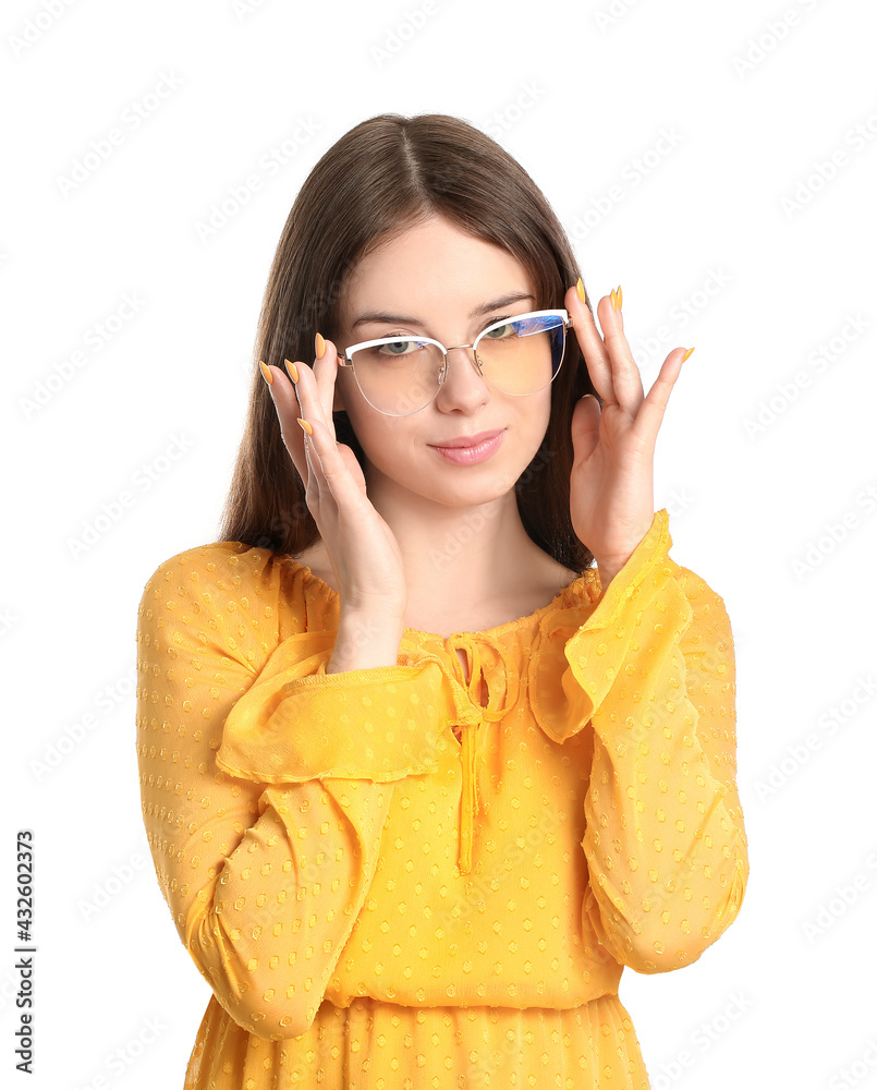 Beautiful young woman with stylish sunglasses on white background