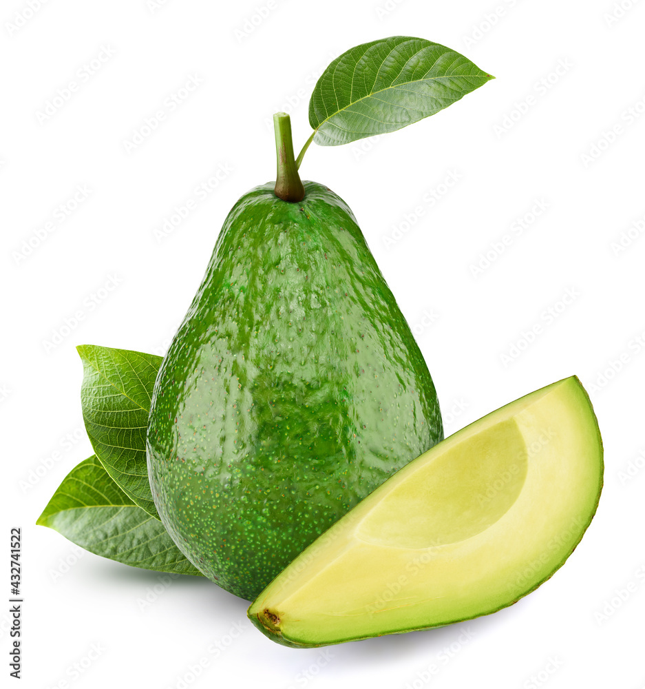 Whole avocado and cut avocado on white background. Organic avocado isolated on white background. Tas