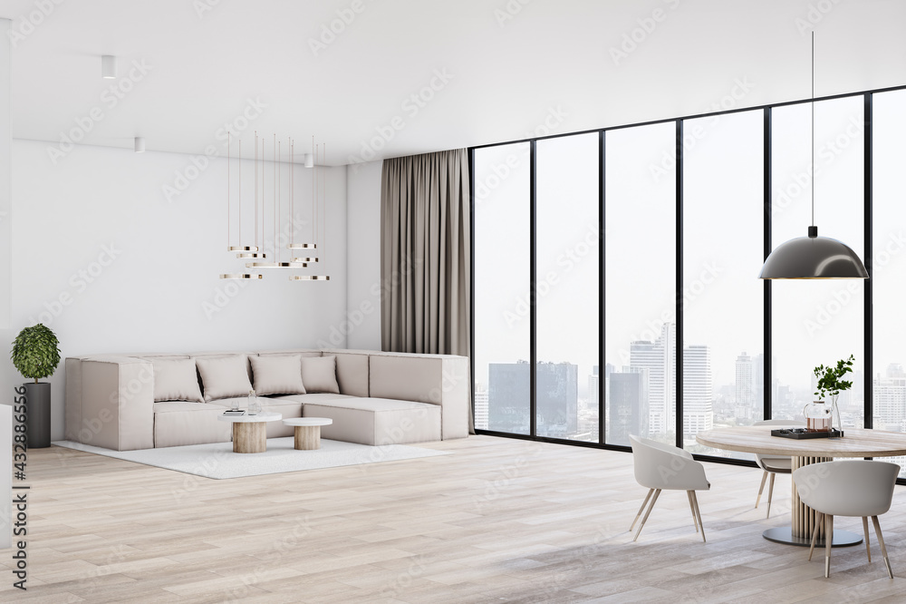 阳光充足的宽敞遮光客厅，配有透明玻璃墙、米色大沙发、镶木地板和现代化
