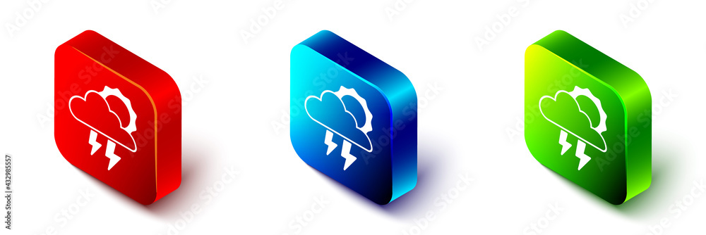 Isometric Storm icon isolated on white background. Cloud with lightning and sun sign. Weather icon o