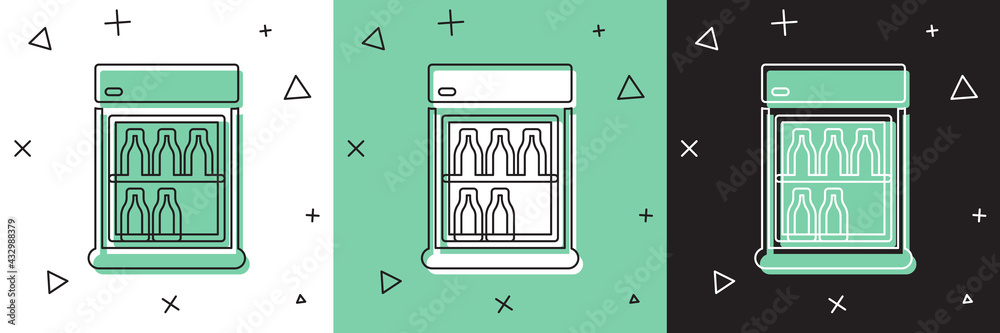 将商用冰箱设置为存储白色和绿色、黑色背景隔离的饮料图标。Peri