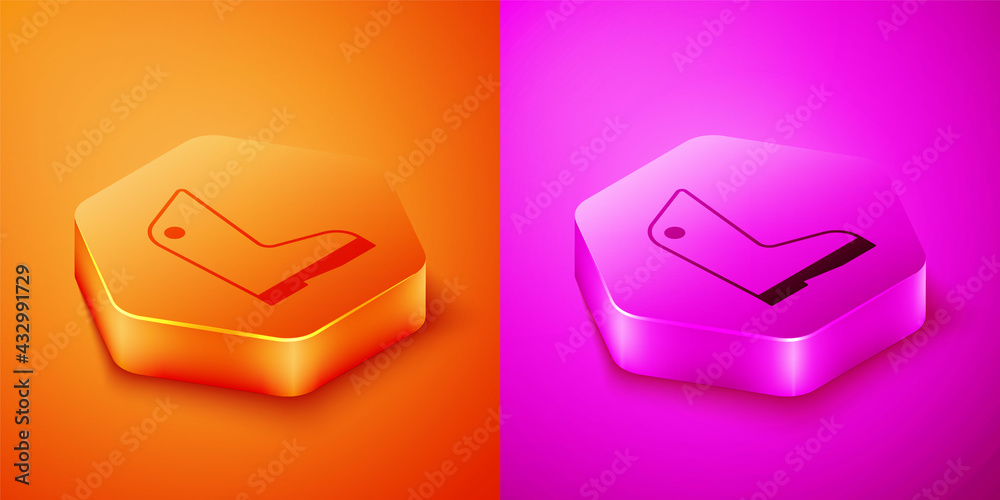 Isometric Rubber gloves icon isolated on orange and pink background. Latex hand protection sign. Hou