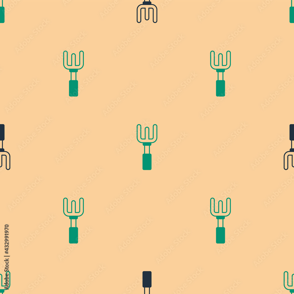 Green and black Garden rake icon isolated seamless pattern on beige background. Tool for horticultur