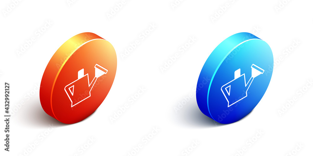 Isometric Watering can icon isolated on white background. Irrigation symbol. Orange and blue circle 