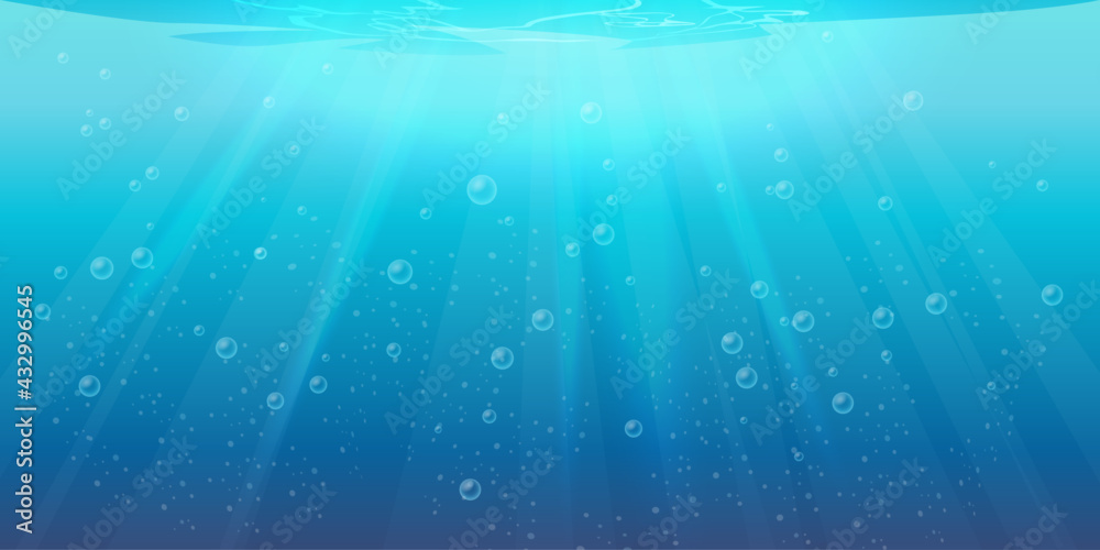 矢量水下背景，透明的水绿色纹理，气泡、波纹和阳光落下