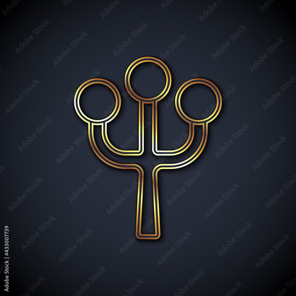 Gold line Blossom tree branch with flowers icon isolated on black background. Vector