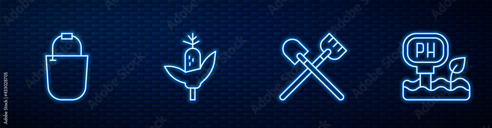 Set line Shovel, Bucket, Corn and Soil ph testing. Glowing neon icon on brick wall. Vector