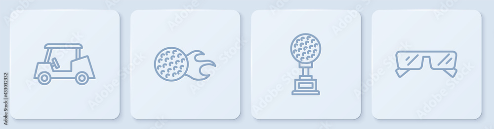 Set line Golf car, Award cup with golf, ball and Glasses. White square button. Vector