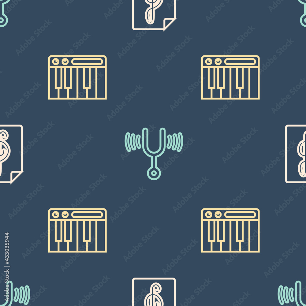 Set line Treble clef, Music synthesizer and Musical tuning fork on seamless pattern. Vector