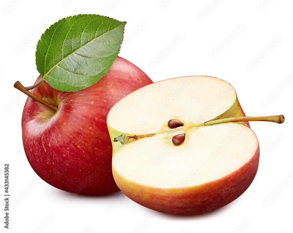 成熟的苹果果实，白色背景上有苹果叶。文件包含剪辑路径。